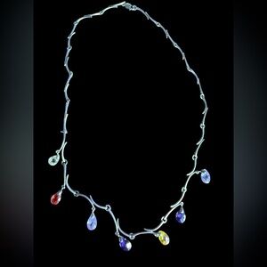 Sterling Silver Multicolor Glass Drop Necklace Branch Style Teardrop Dangles